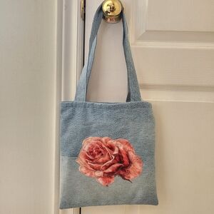 Elegand Handmade Denim Tote Bag With Rose Design/Floral Jean Tote/ One Of A Kind